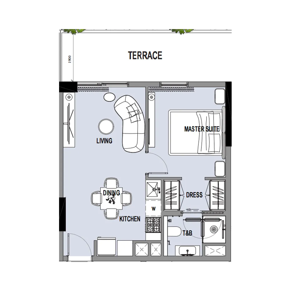 Verso 1 bed floor plan, 619 sqft