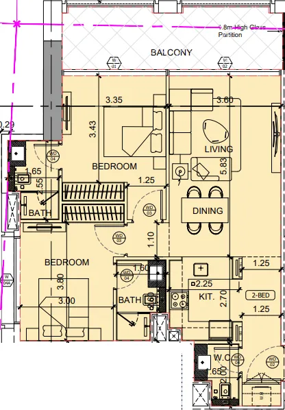 Binghatti Moonlight 2 bed floor plan, 1,019 sqft