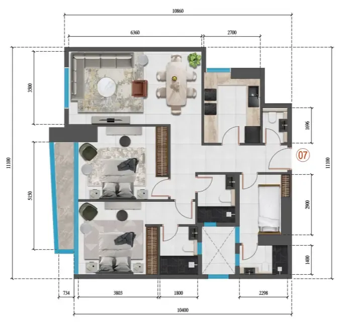 Faradis Tower 2 bed floor plan, 1,157 sqft