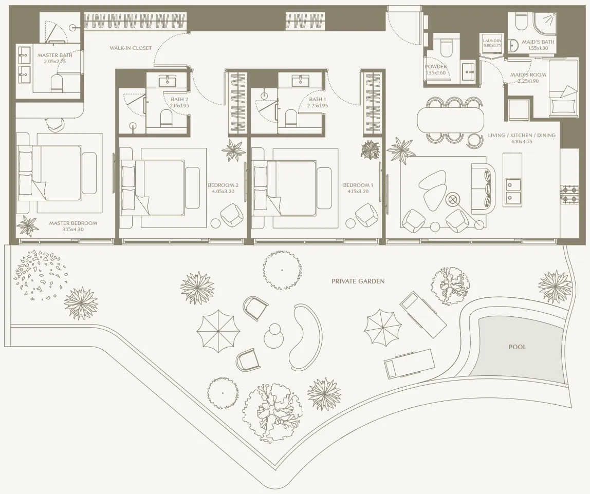 AYA Beachfront Residences 3 bed floor plan, 2,210 – 2,368 sqft