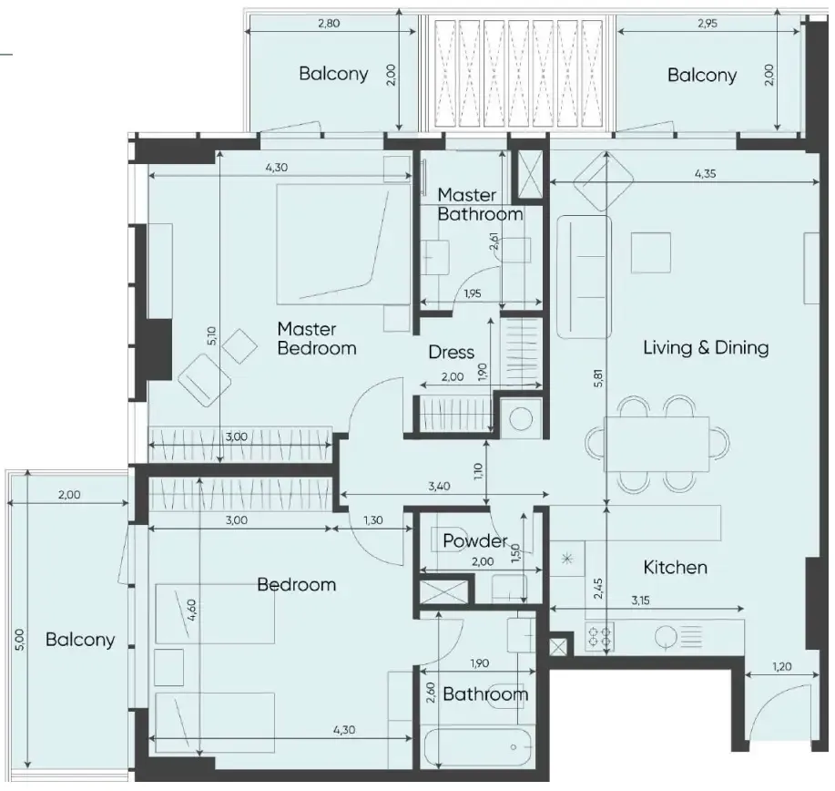Sea Legend Tower One 2 bed floor plan, 1,393 sqft