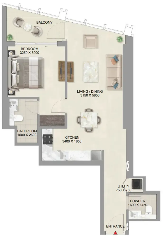 The Mirage at Sobha Central 1 bed floor plan, 787 sqft