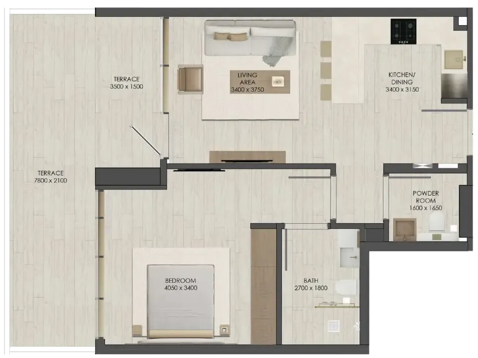 JAD 288 1 bed floor plan, 840 sqft