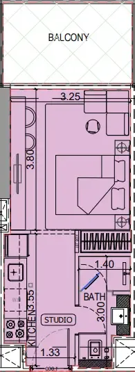 Binghatti Vintage Studio floor plan, 372 sqft