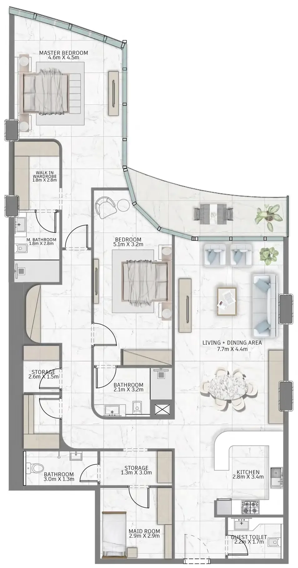 Al Habtoor Tower 2 bed floor plan, 1,925 sqft