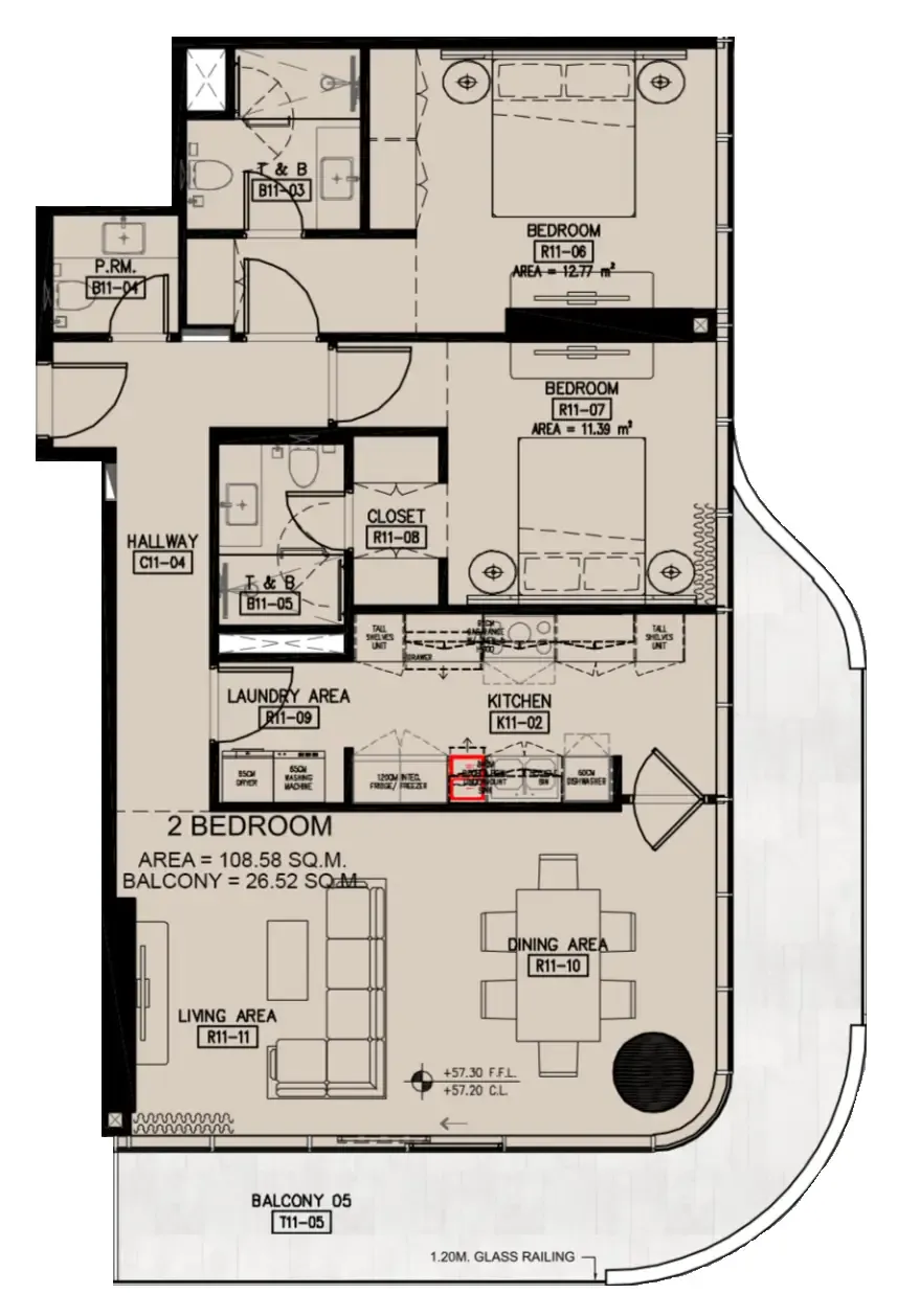 Azha Millennium Residences 2 bed floor plan, 1,454 sqft