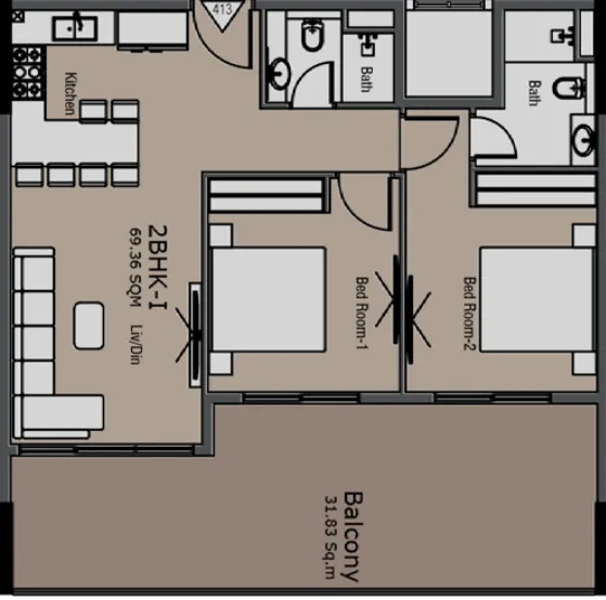 Golden Woods Albab Views 2 bed floor plan, 1,084 sqft
