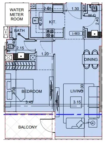 Binghatti Cullinan 1 bed floor plan, 702 sqft