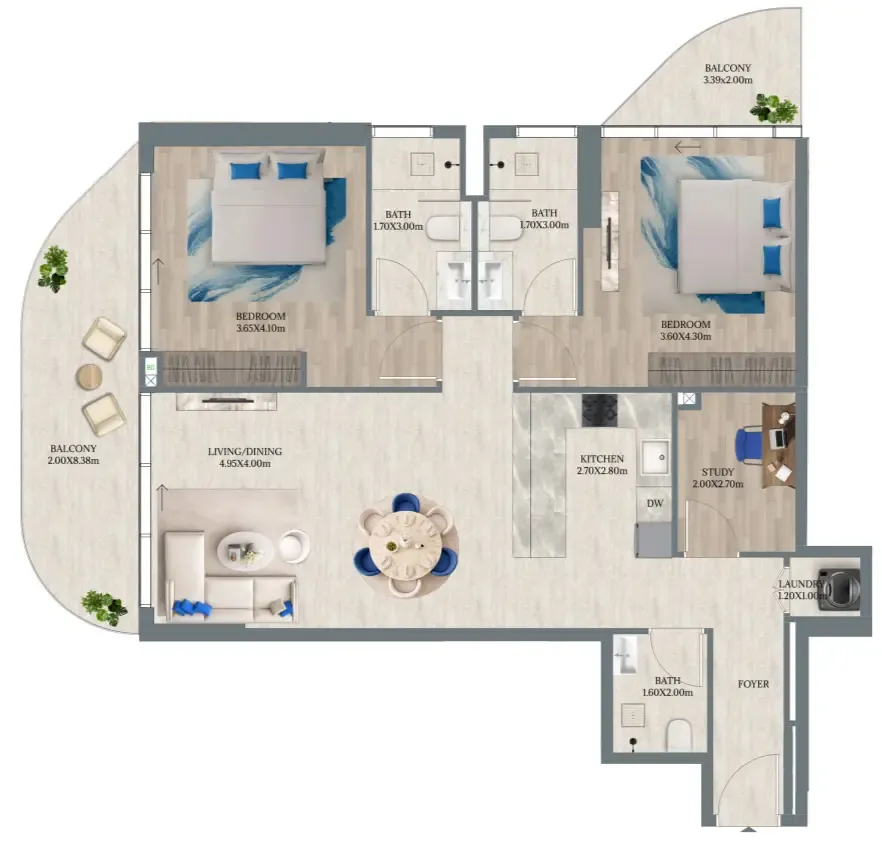 Maravea Residences 2 bed floor plan, 1,344 sqft