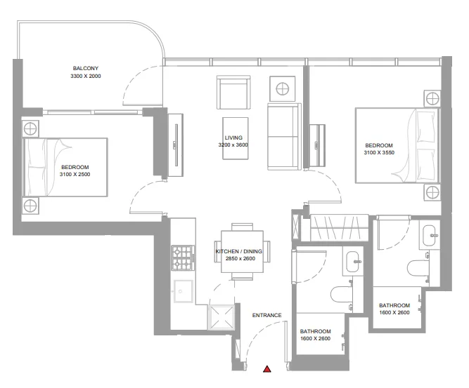 Bayside Marina Residences 2 bed floor plan, 687 sqft