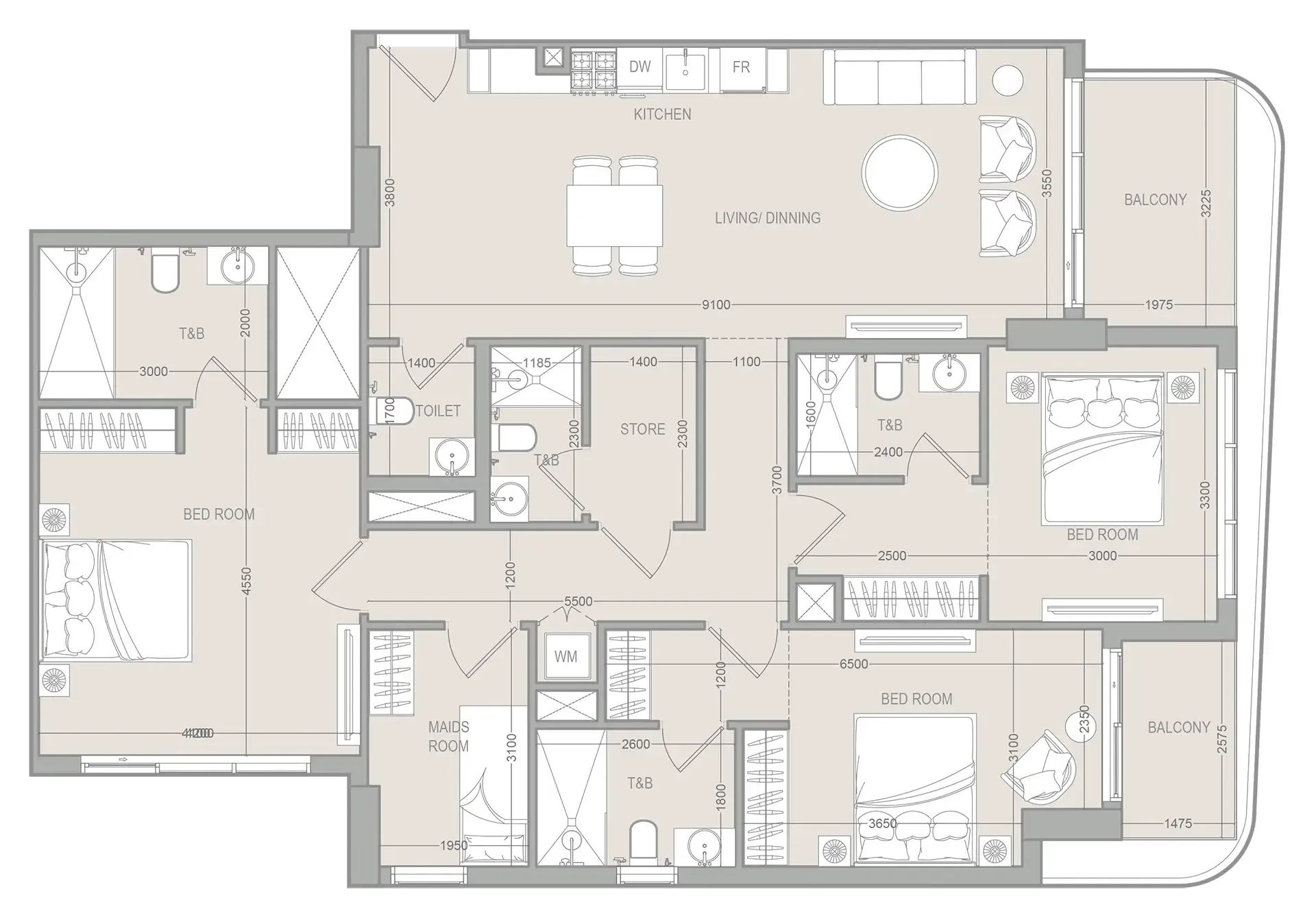 FLU1D ONE 3 bed floor plan, 1,644 sqft