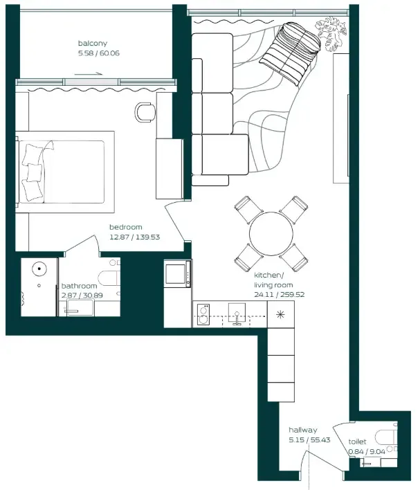 Vibe 1 bed floor plan, 634 sqft