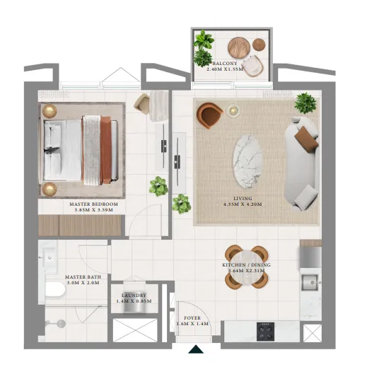 Hillsedge 1 bed floor plan, 708 – 711 sqft
