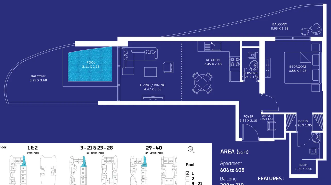 Oceanz 1 bed floor plan, 916 sqft