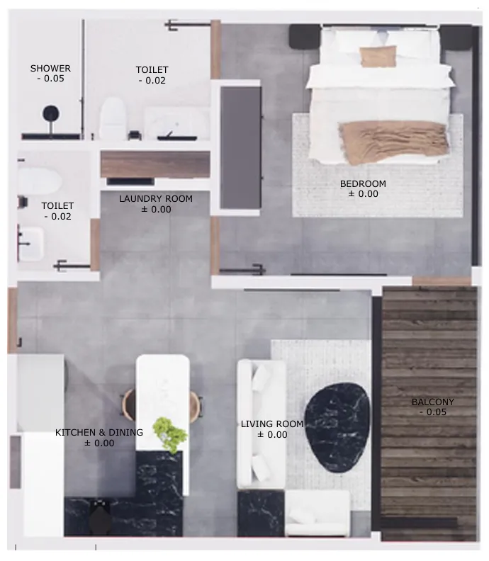The One 1 bed floor plan, 617 – 741 sqft