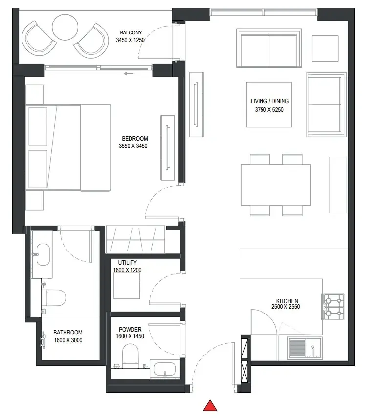 Sobha One 1 bed floor plan, 734 sqft