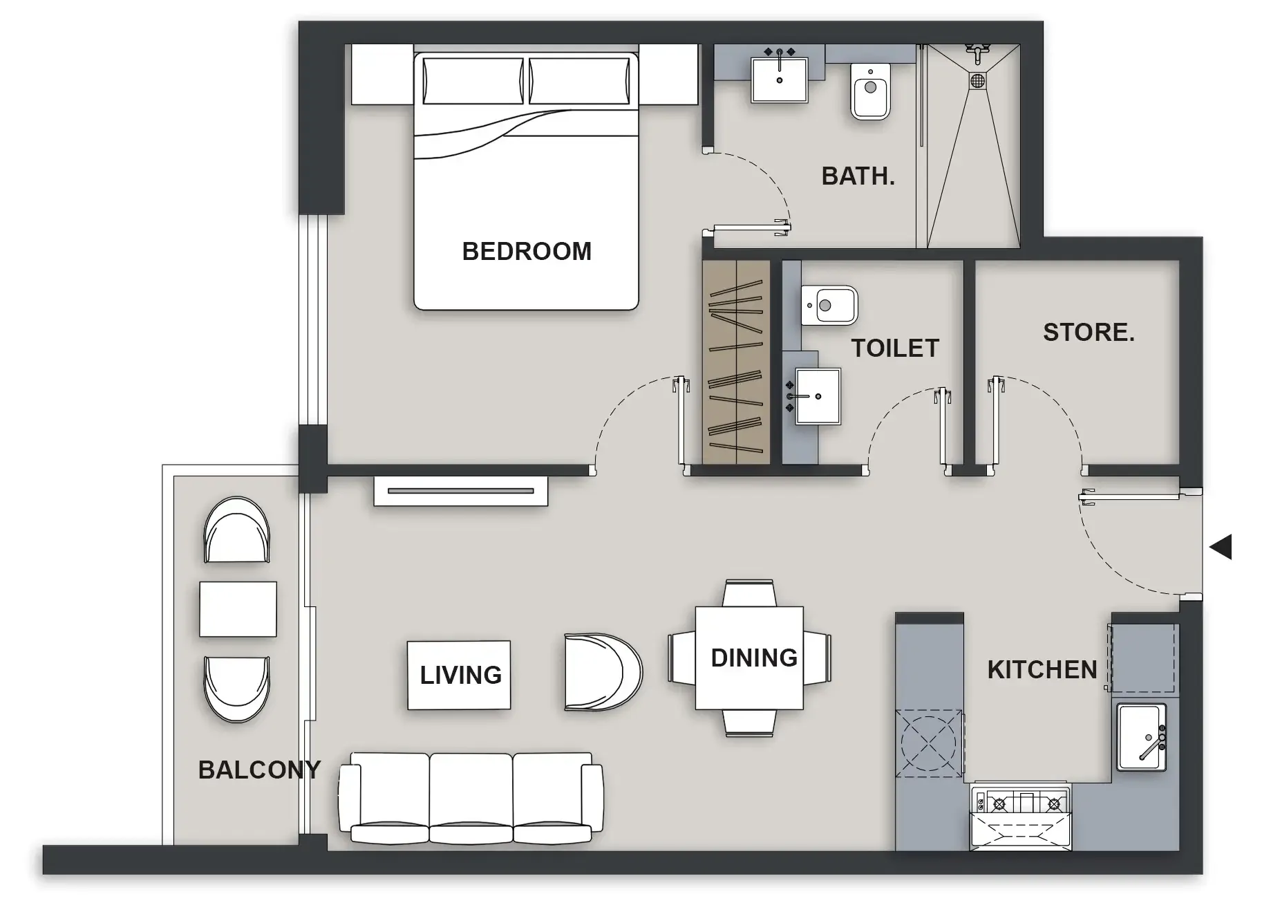 Maison Elysee III 1 bed floor plan, 630 sqft