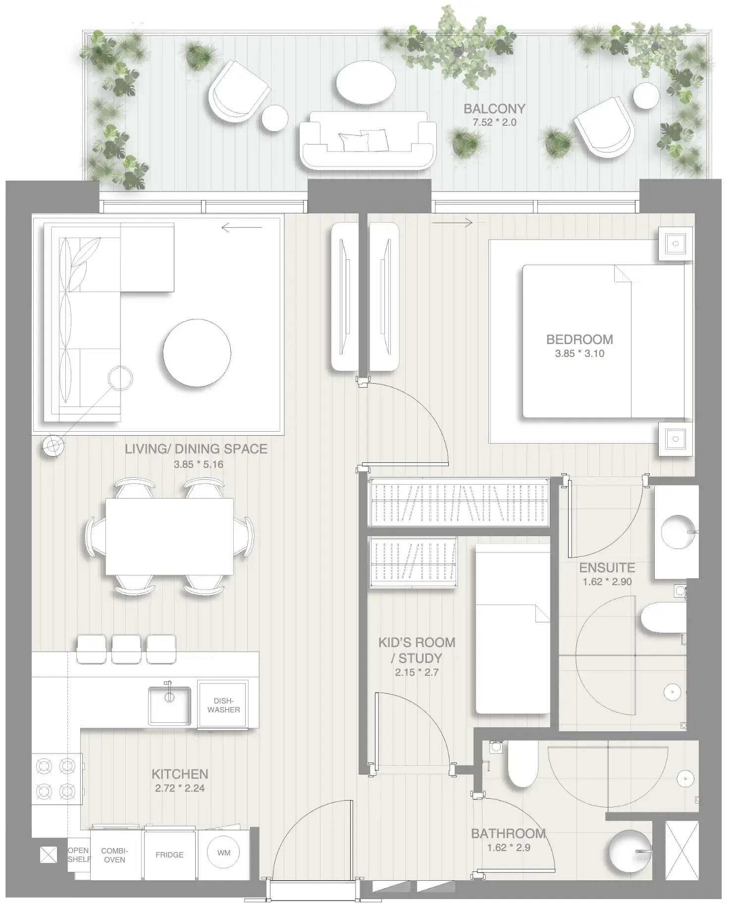 Sol Levante 1 bed floor plan, 857 sqft