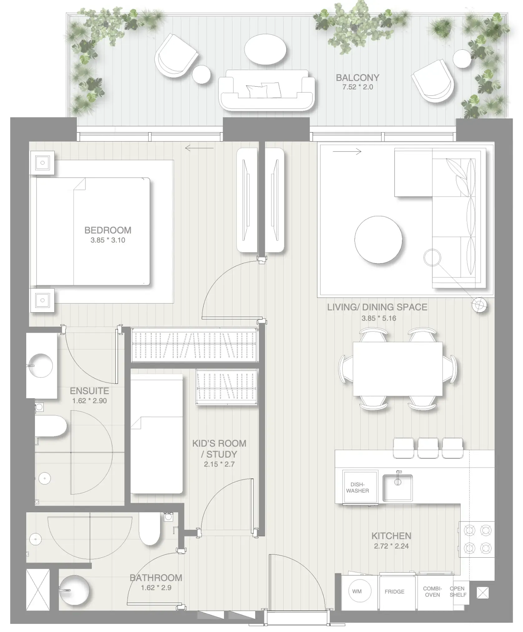 Sol Levante 1 bed floor plan, 870 – 876 sqft
