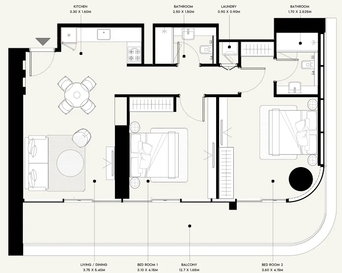 Azizi Milan 2 bed floor plan, 1,160 sqft