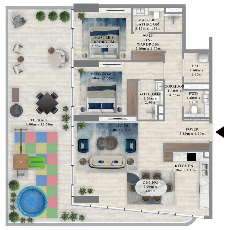 Royal Yacht Club Residence 2 bed floor plan, 1,850 sqft
