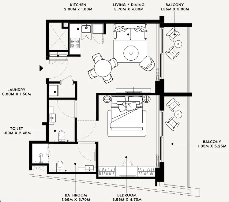 Azizi Arian 1 bed floor plan, 802 sqft