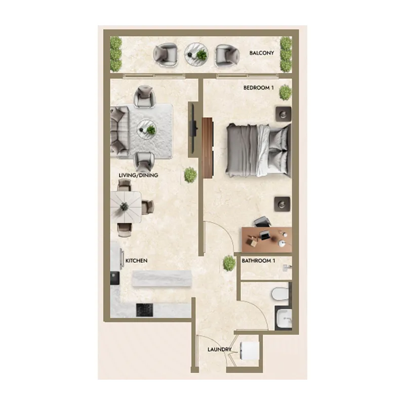 Greenfield Living 1 bed floor plan, 660 – 666 sqft