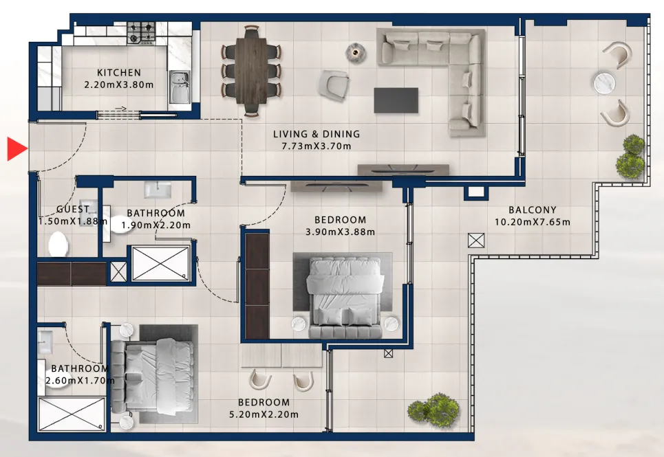Asayel Avenue 2 bed floor plan, 1,434 sqft