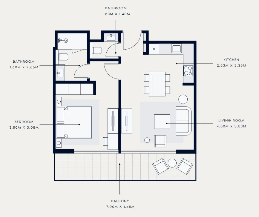 Azizi Venice 1 bed floor plan, 692 sqft