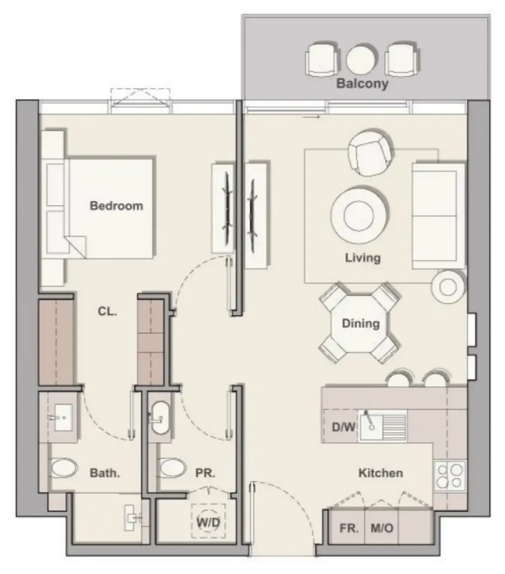 Soto Grande 1 bed floor plan, 756 sqft