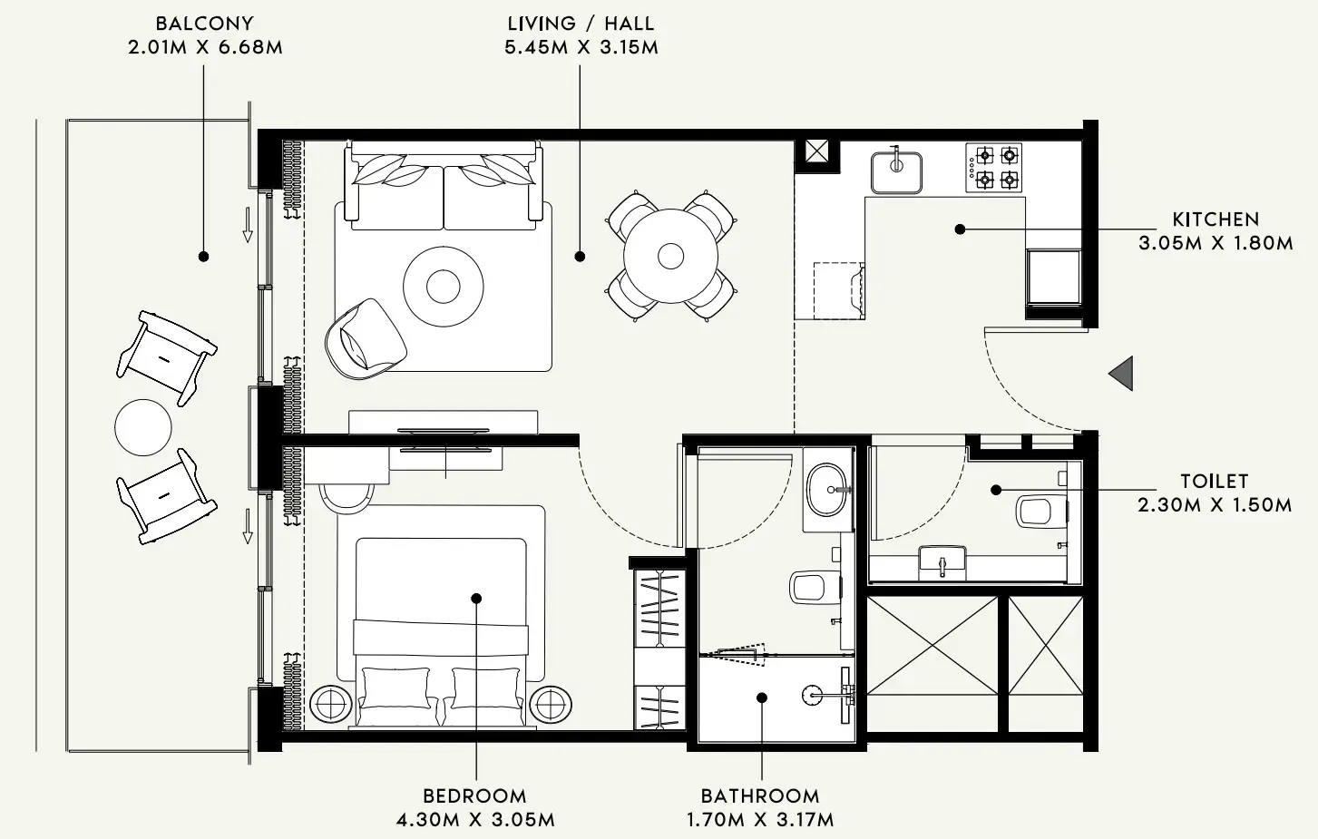 Azizi Venice 1 bed floor plan, 737 sqft