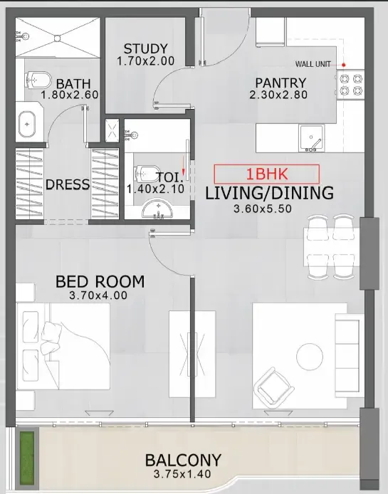 Floarea Skies 1 bed floor plan, 791 – 801 sqft