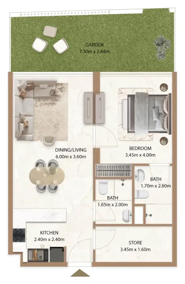Veda by AUM Development 1 bed floor plan, 883 sqft