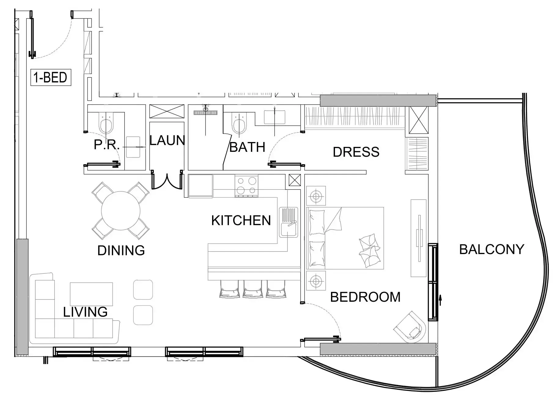 Valencia 1 bed floor plan, 973 sqft