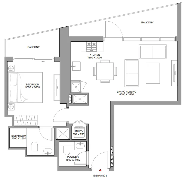 The Eden at Sobha Central 1 bed floor plan, 782 sqft