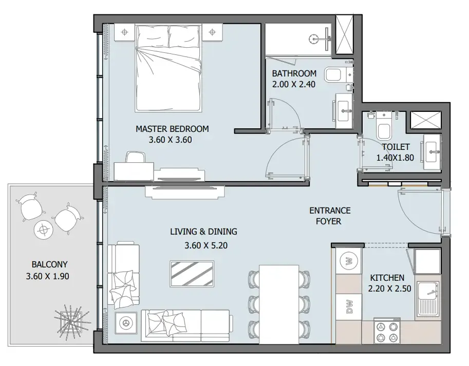 Oceana 1 bed floor plan, 681 sqft