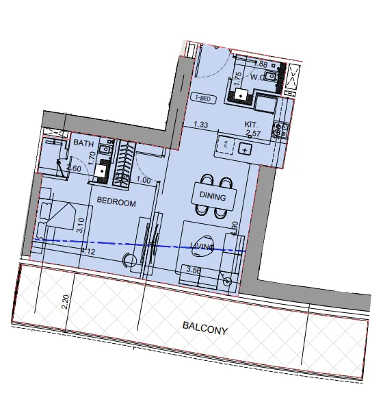 Binghatti Aquarise 1 bed floor plan, 975 sqft