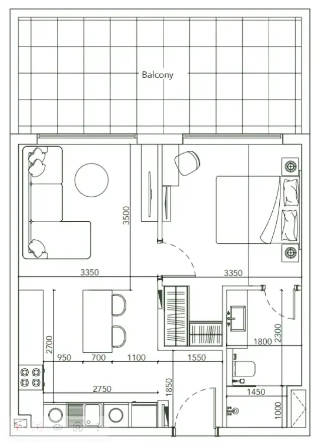 Laya Courtyard 1 bed floor plan, 684 sqft