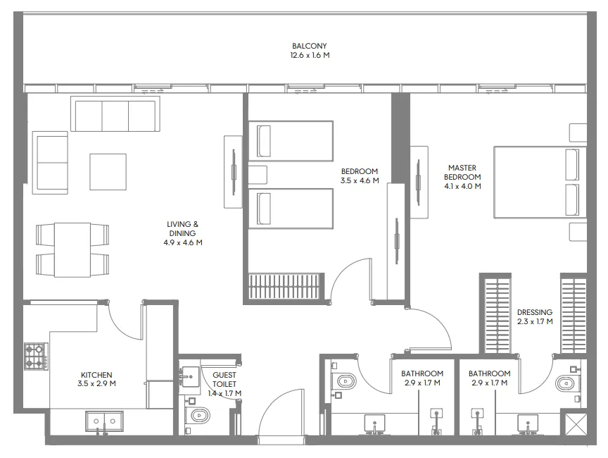 The Gate 3 and 4 2 bed floor plan, 1,308 sqft
