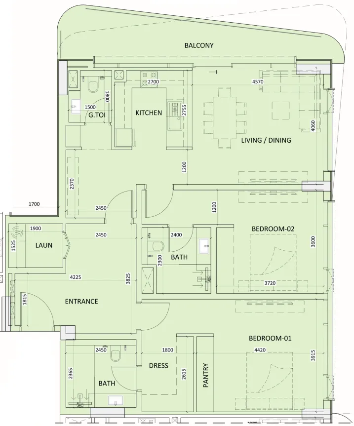 Luzora Residence 2 bed floor plan, 1,424 sqft