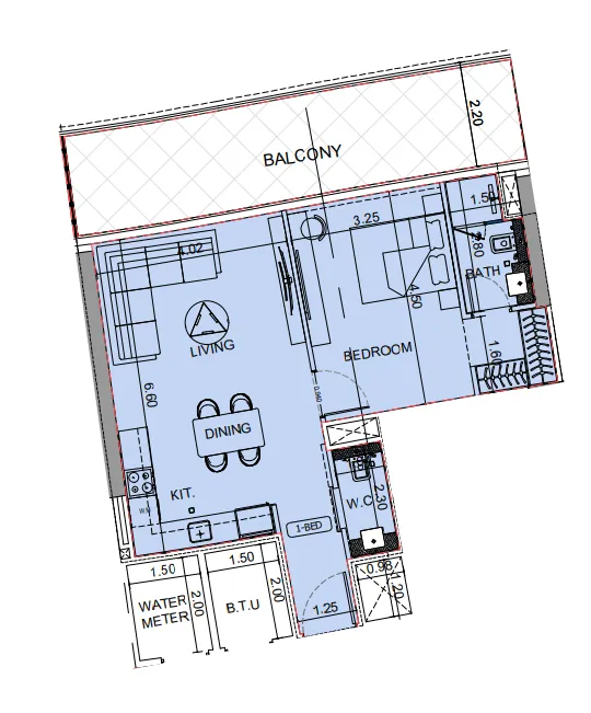 Binghatti Aquarise 1 bed floor plan, 835 – 876 sqft