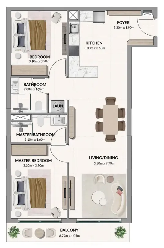 Woodland Terraces 2 bed floor plan, 945 sqft
