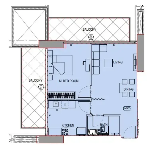 Binghatti Apex 1 bed floor plan, 905 sqft