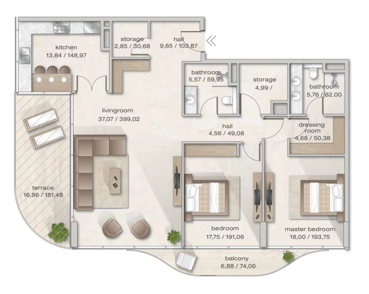 Zephyra Residences 2 bed floor plan, 1,700 sqft