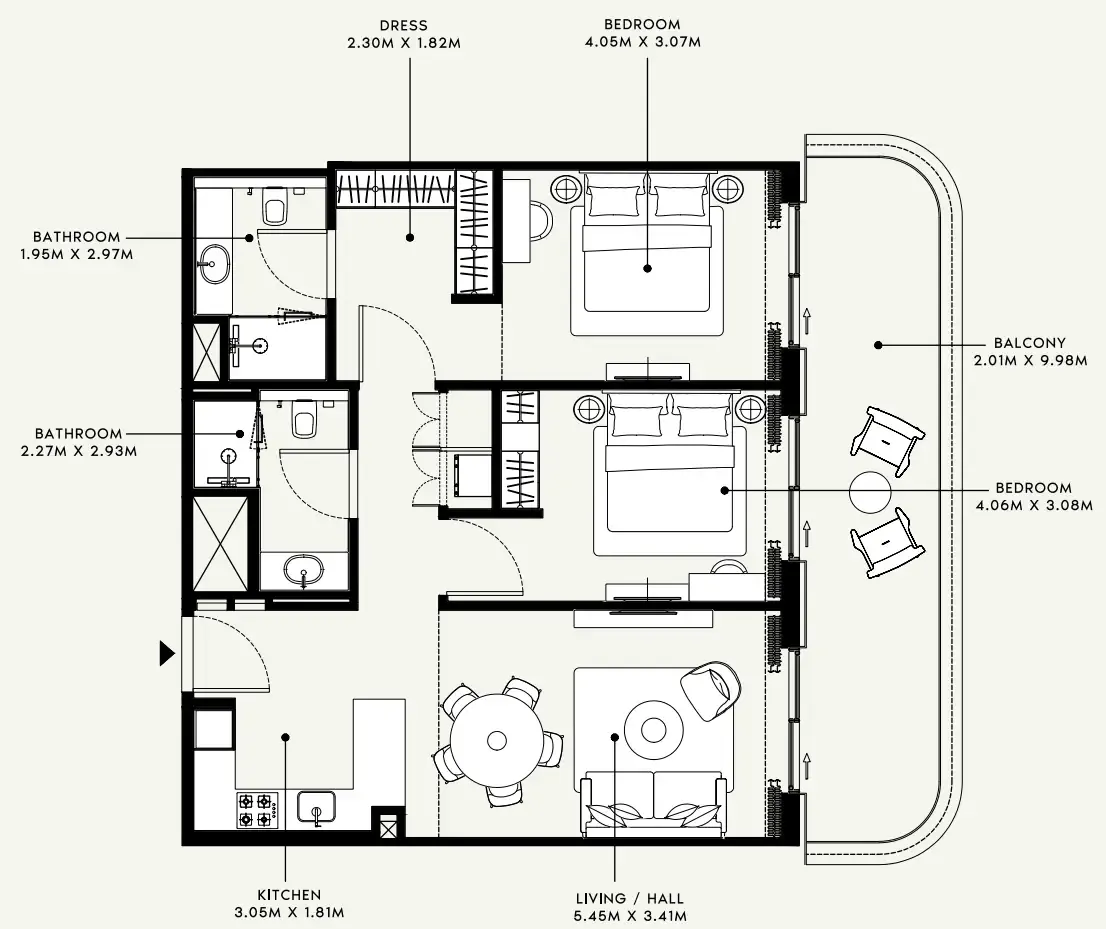 Azizi Venice 2 bed floor plan, 1,160 sqft