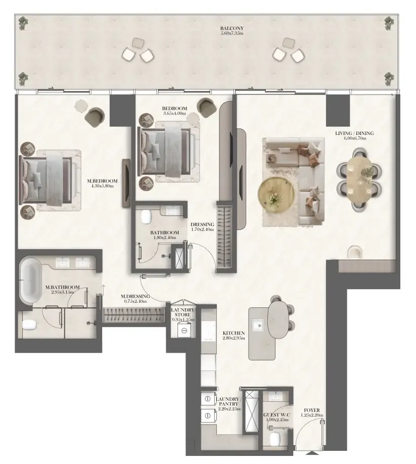 Jumeirah Residences at Al Maryah Island 2 bed floor plan, 1,893 – 1,894 sqft