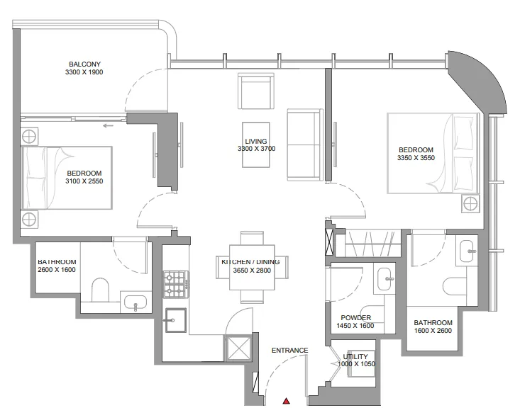 Sobha Aquamont 2 bed floor plan, 771 sqft