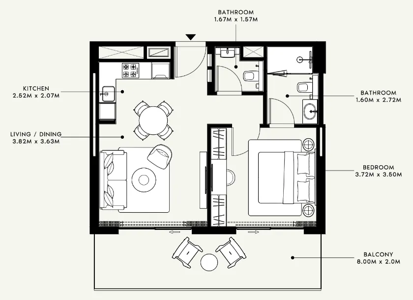 Azizi Venice 1 bed floor plan, 724 sqft