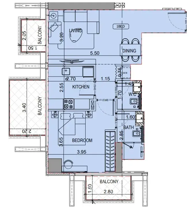Binghatti Luxuria 1 bed floor plan, 755 sqft