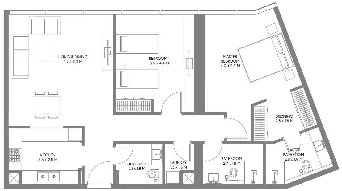The Gate 3 and 4 2 bed floor plan, 1,162 sqft
